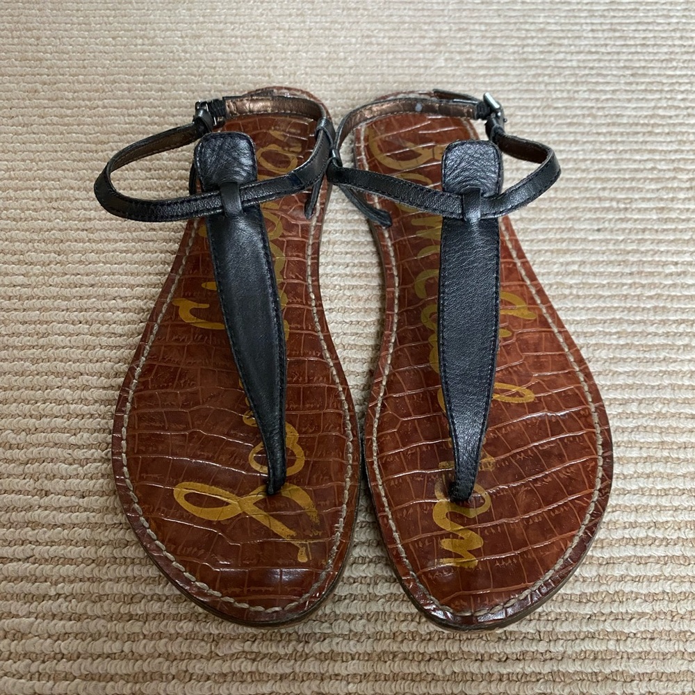 Sam Edelman Black Leather Minimal Sandals w/ Brown Croc-Inspired Footbed Size 9